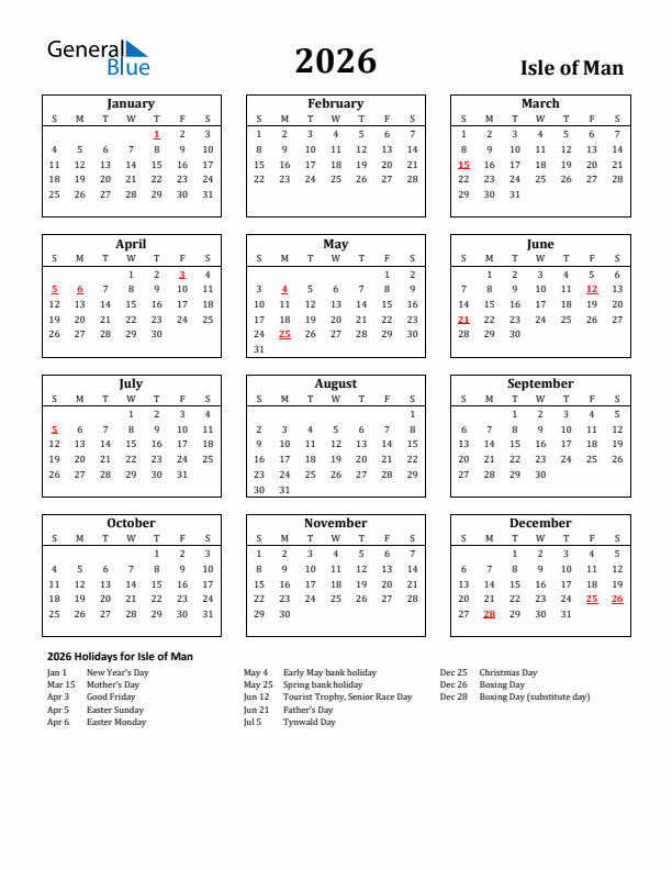 2026 Isle of Man Holiday Calendar - Sunday Start