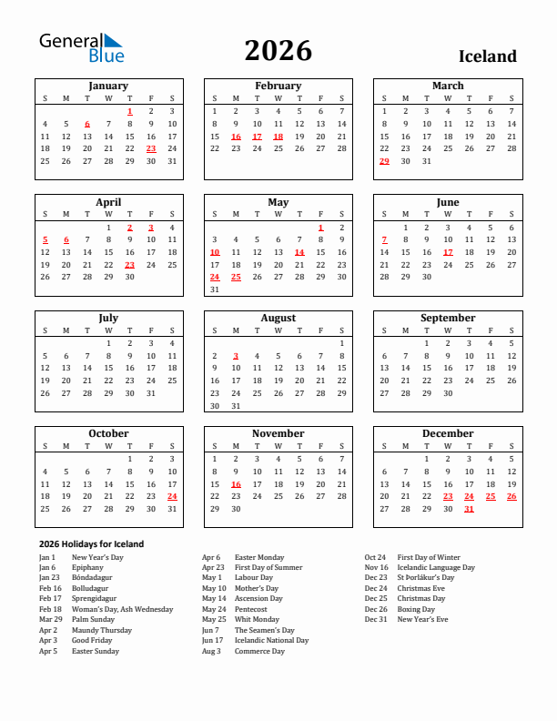 2026 Iceland Holiday Calendar - Sunday Start