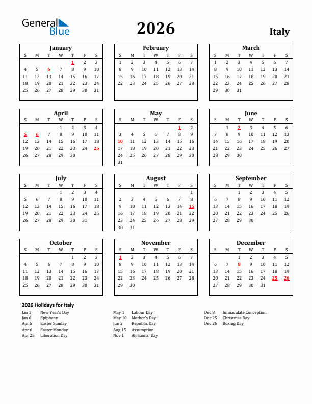 2026 Italy Holiday Calendar - Sunday Start