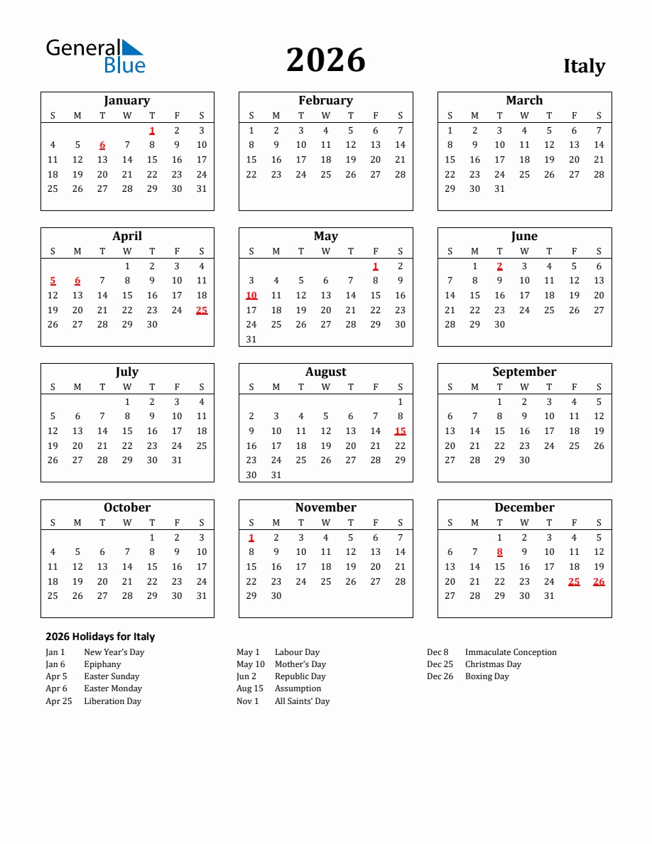 Free Printable 2026 Italy Holiday Calendar