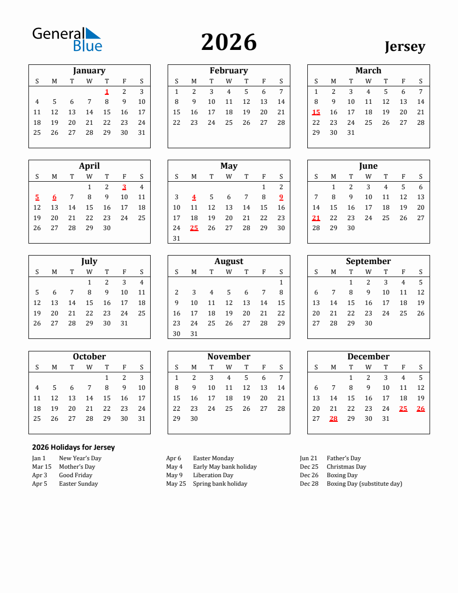 Free Printable 2026 Jersey Holiday Calendar