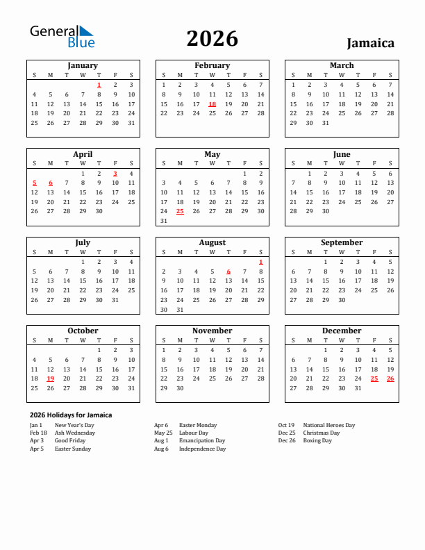 2026 Jamaica Holiday Calendar - Sunday Start