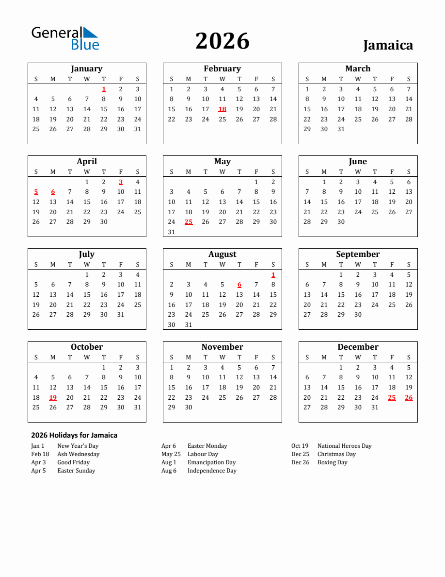 Free Printable 2026 Jamaica Holiday Calendar