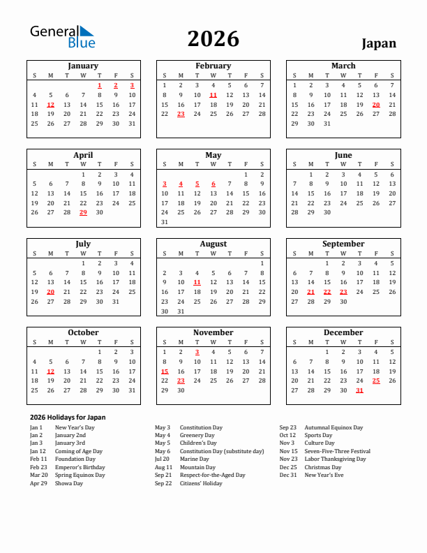 2026 Japan Holiday Calendar - Sunday Start