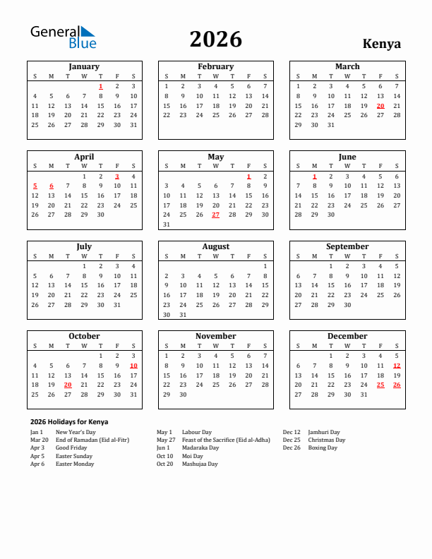2026 Kenya Holiday Calendar - Sunday Start