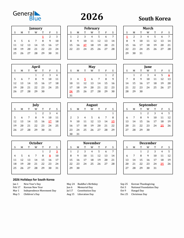 2026 South Korea Holiday Calendar - Sunday Start