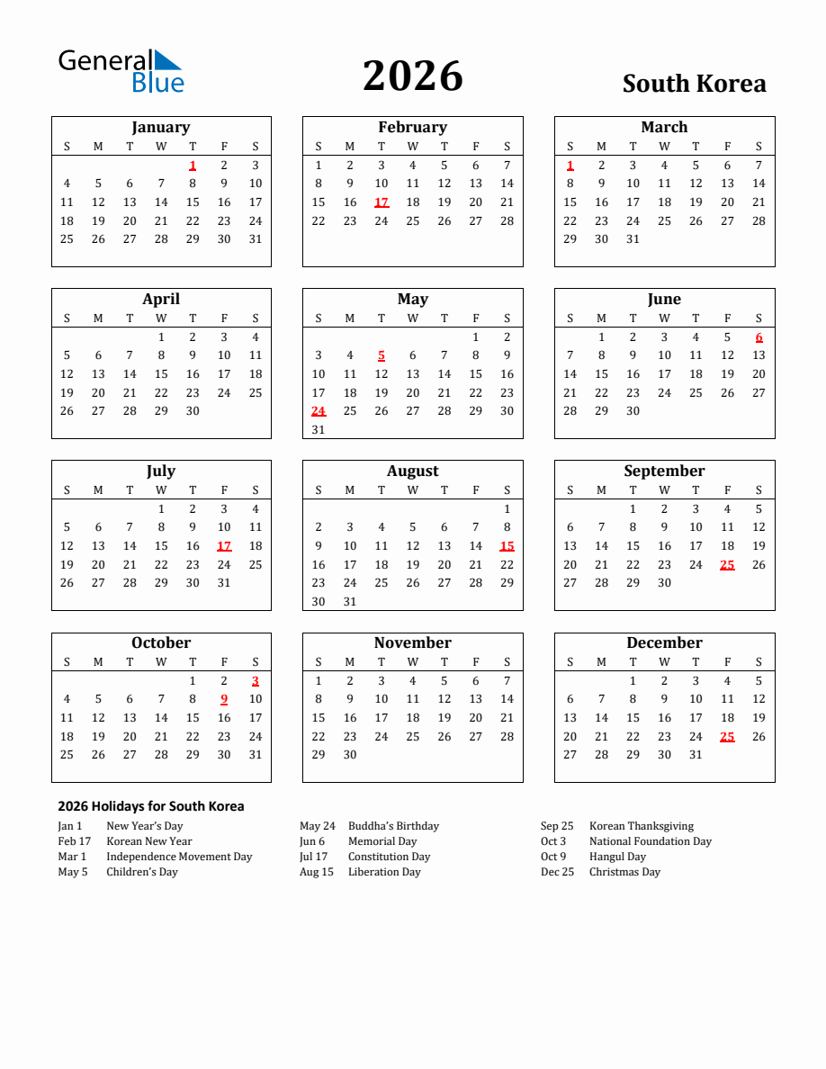 Free Printable 2026 South Korea Holiday Calendar