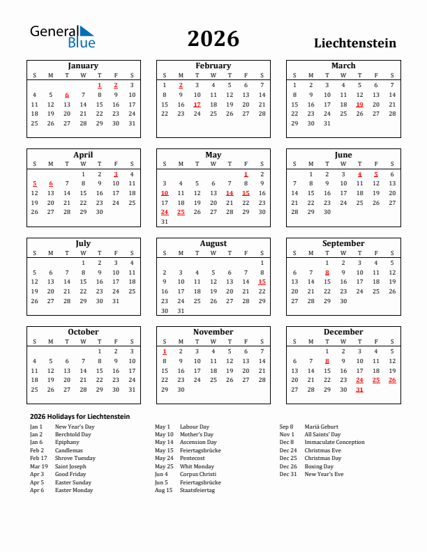 2026 Liechtenstein Holiday Calendar - Sunday Start