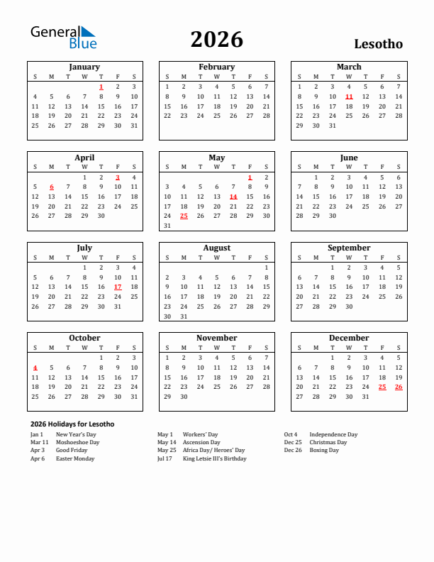 2026 Lesotho Holiday Calendar - Sunday Start
