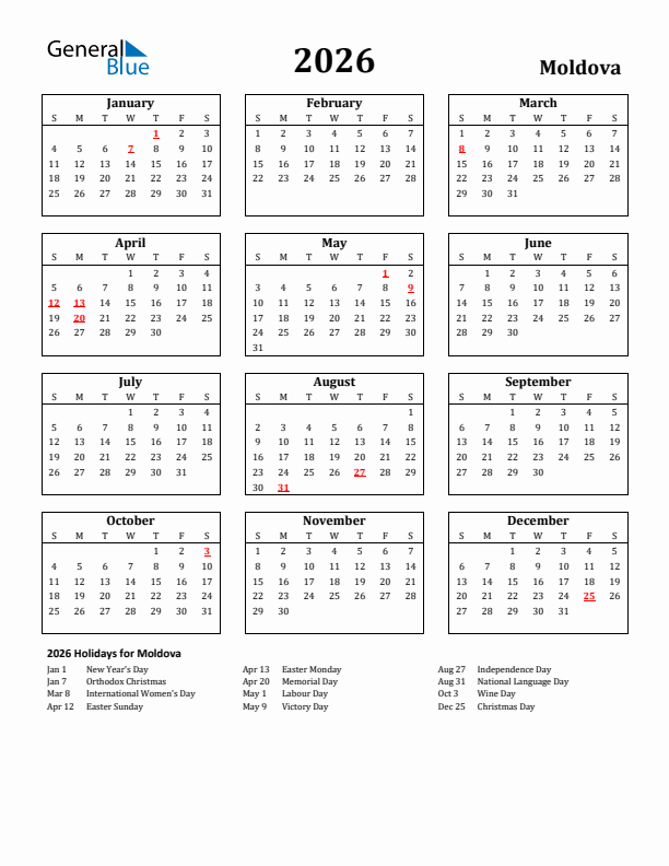 2026 Moldova Holiday Calendar - Sunday Start