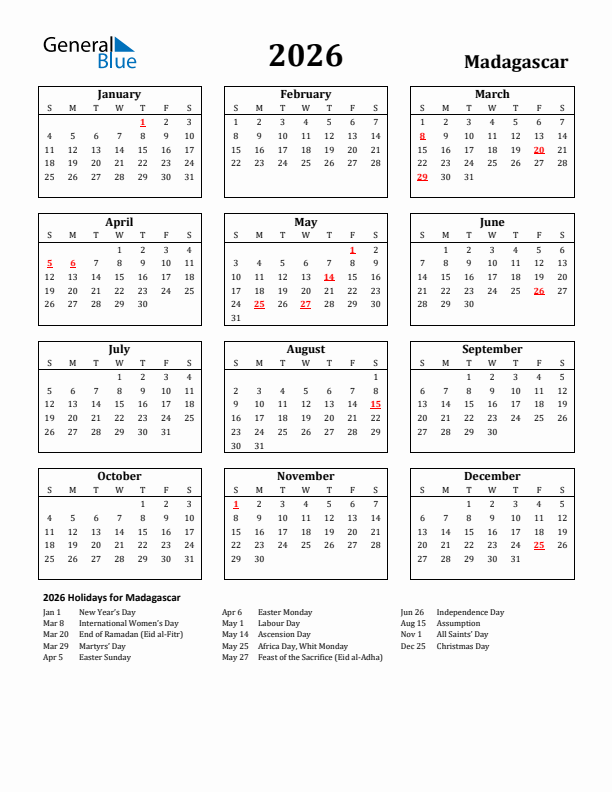 2026 Madagascar Holiday Calendar - Sunday Start