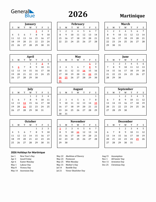 2026 Martinique Holiday Calendar - Sunday Start