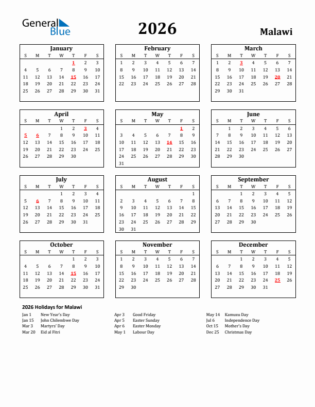 2026 Malawi Holiday Calendar - Sunday Start