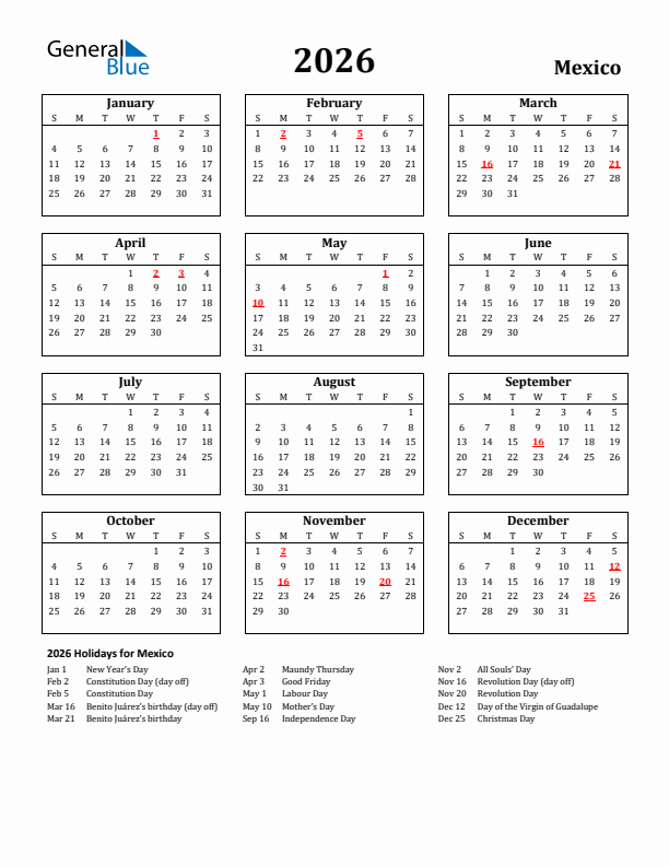 2026 Mexico Holiday Calendar - Sunday Start
