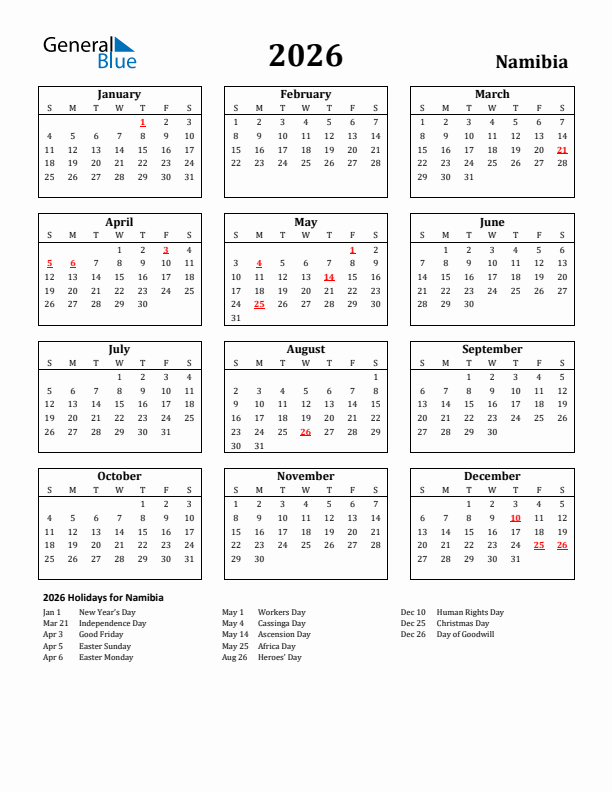 2026 Namibia Holiday Calendar - Sunday Start