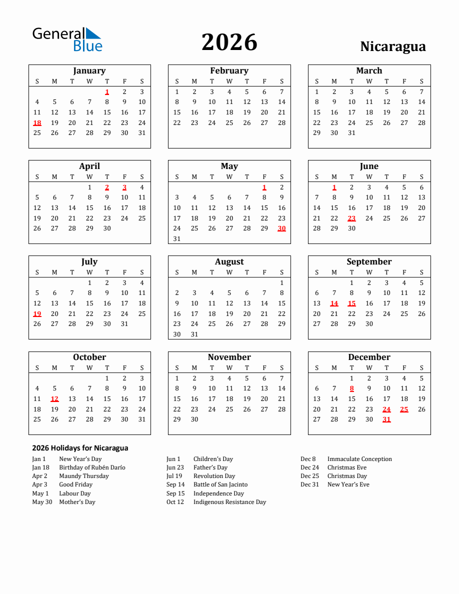 Free Printable 2026 Nicaragua Holiday Calendar