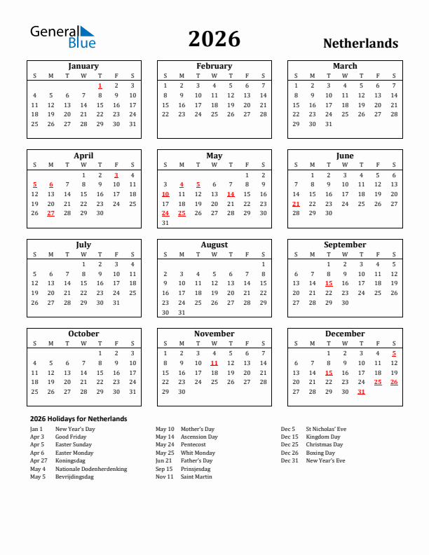 2026 The Netherlands Holiday Calendar - Sunday Start