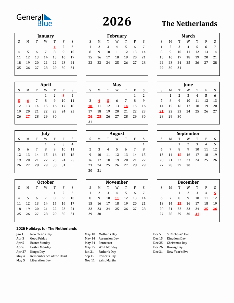 Free Printable 2026 Netherlands Holiday Calendar