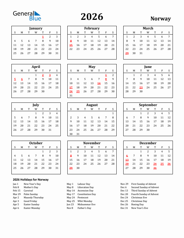 2026 Norway Holiday Calendar - Sunday Start