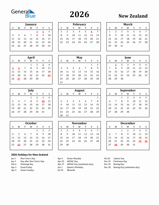2026 New Zealand Holiday Calendar - Sunday Start