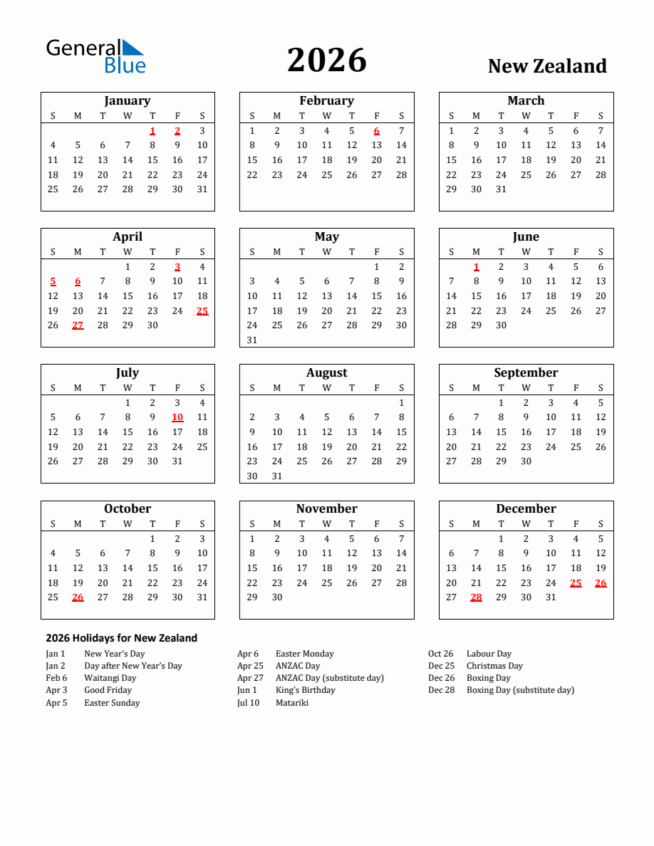 Free Printable 2026 New Zealand Holiday Calendar