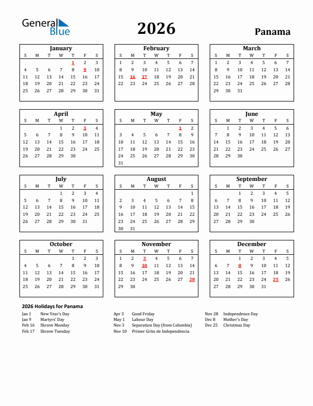 2026 Panama Holiday Calendar - Sunday Start
