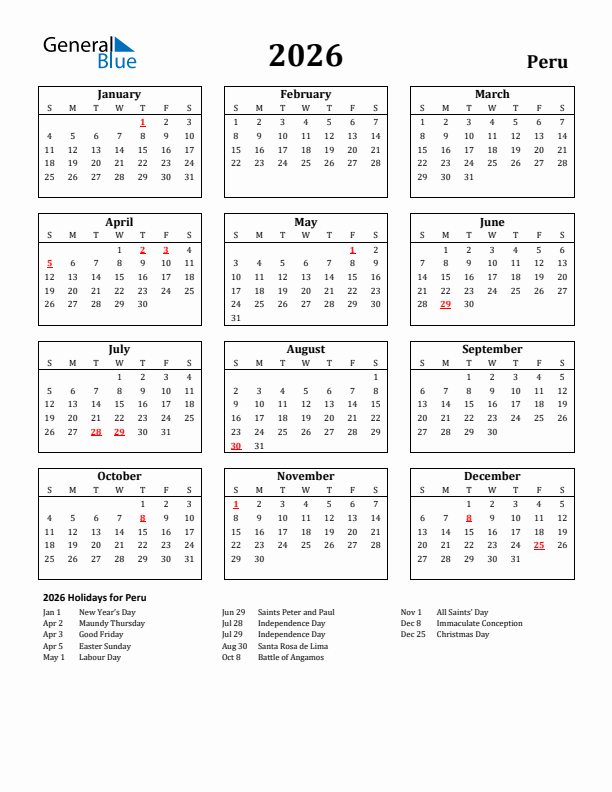 2026 Peru Holiday Calendar - Sunday Start