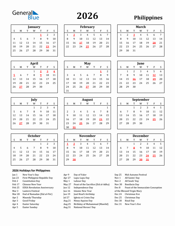 2026 Philippines Holiday Calendar - Sunday Start