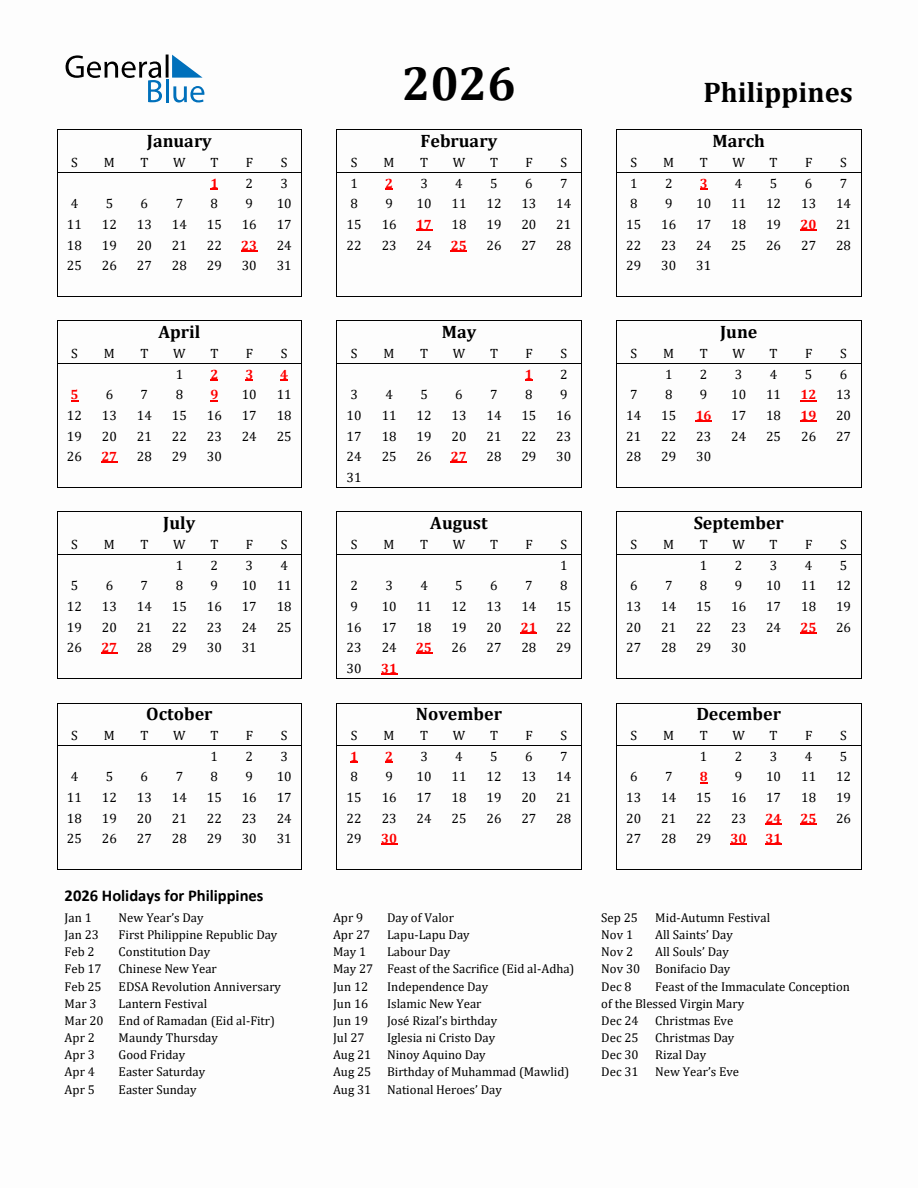 Free Printable 2026 Philippines Holiday Calendar