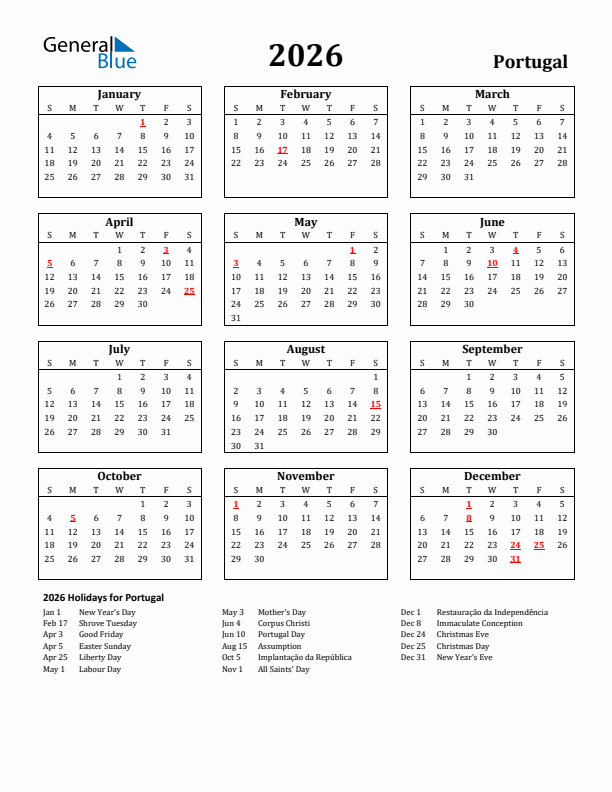 2026 Portugal Holiday Calendar - Sunday Start