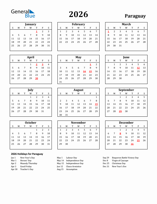 2026 Paraguay Holiday Calendar - Sunday Start