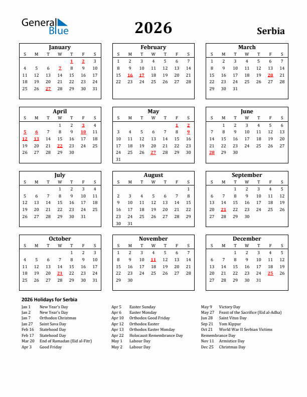 2026 Serbia Holiday Calendar - Sunday Start