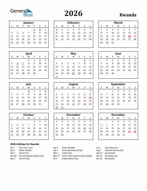 2026 Rwanda Holiday Calendar - Sunday Start