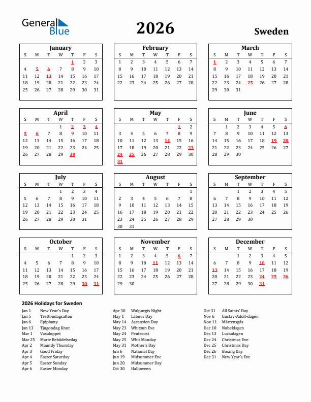 2026 Sweden Holiday Calendar - Sunday Start