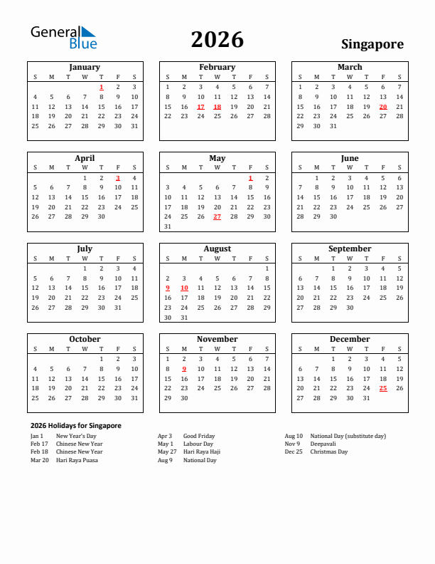 2026 Singapore Holiday Calendar - Sunday Start