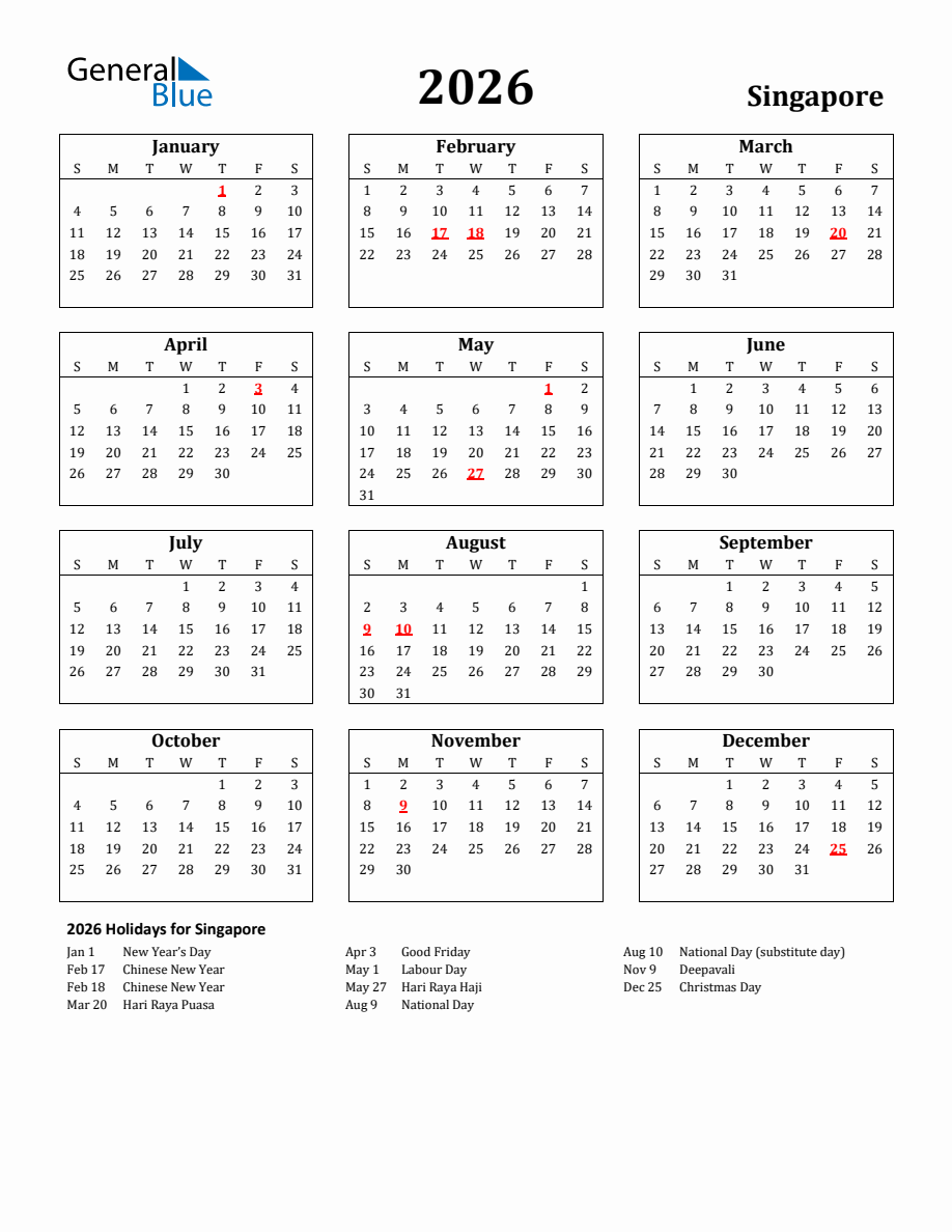 Free Printable 2026 Singapore Holiday Calendar