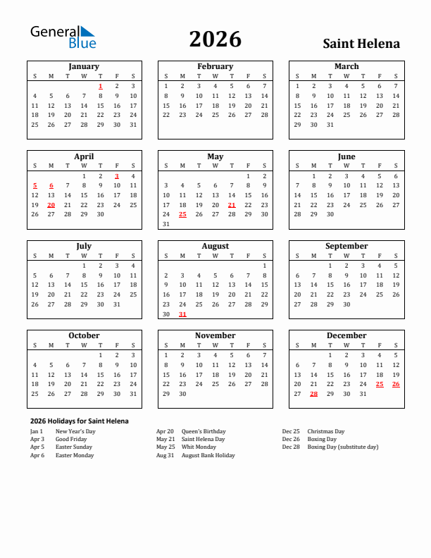 2026 Saint Helena Holiday Calendar - Sunday Start