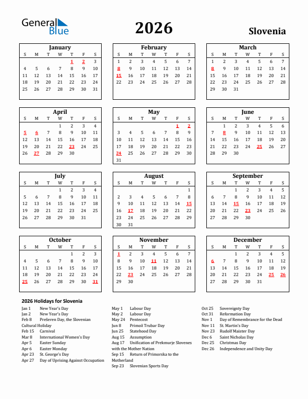 2026 Slovenia Holiday Calendar - Sunday Start