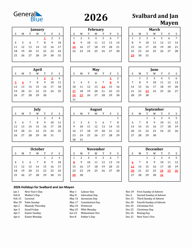 2026 Svalbard and Jan Mayen Holiday Calendar - Sunday Start