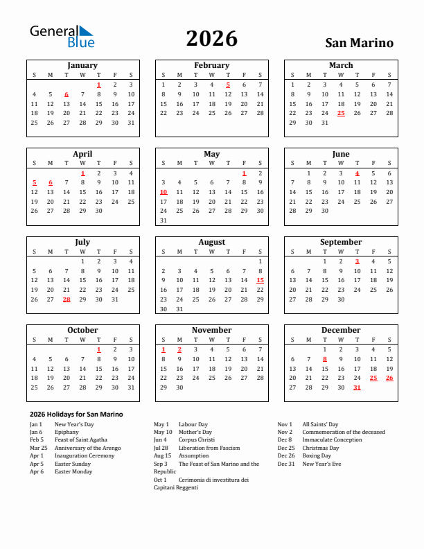 2026 San Marino Holiday Calendar - Sunday Start