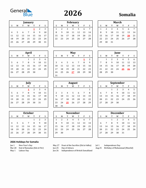 2026 Somalia Holiday Calendar - Sunday Start