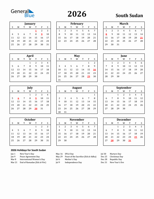 2026 South Sudan Holiday Calendar - Sunday Start
