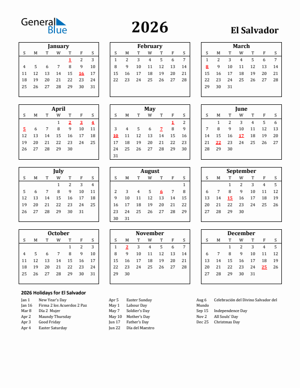 2026 El Salvador Holiday Calendar - Sunday Start