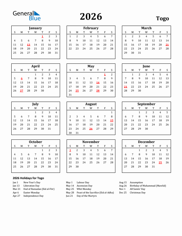 2026 Togo Holiday Calendar - Sunday Start