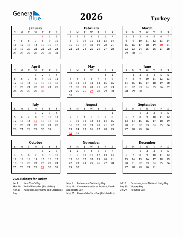 2026 Turkey Holiday Calendar - Sunday Start