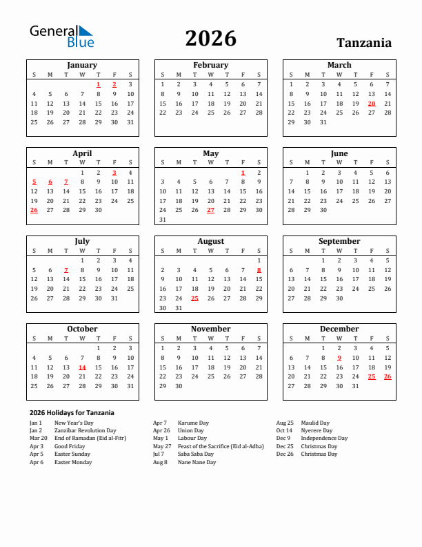 2026 Tanzania Holiday Calendar - Sunday Start