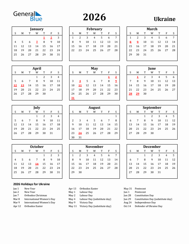 2026 Ukraine Holiday Calendar - Sunday Start