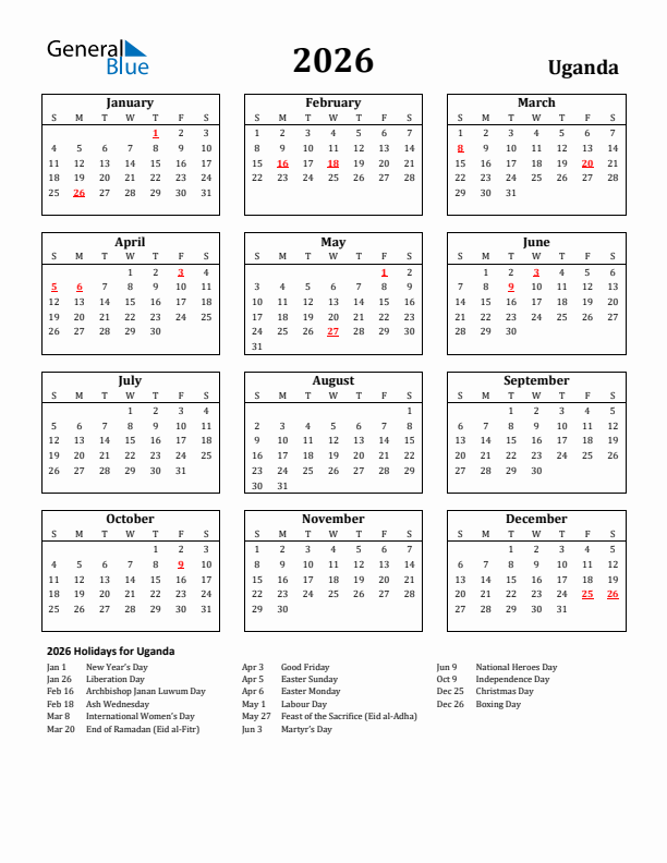 2026 Uganda Holiday Calendar - Sunday Start