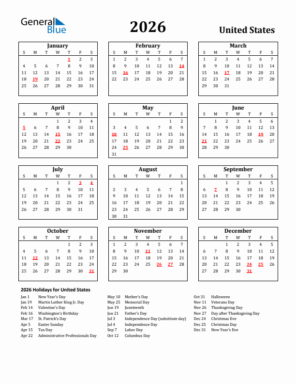2026 United States Holiday Calendar - Sunday Start