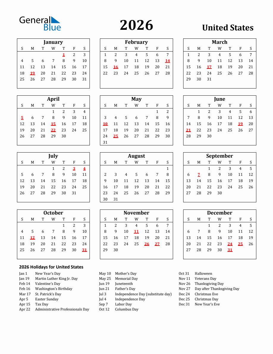 Free Printable 2026 United States Holiday Calendar